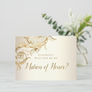 Elegant Gold Floral Damask Script Matron of Honour Invitation