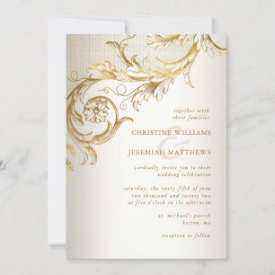 Elegant Gold Floral Damask Shiny Champagne Wedding Invitation
