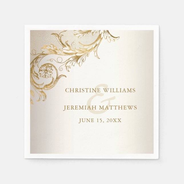 Elegant Gold Floral Damask Shiny Champagne Wedding Napkin (Front)