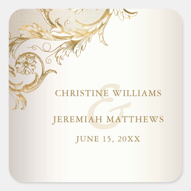 Elegant Gold Floral Damask Shiny Champagne Wedding Square Sticker (Front)