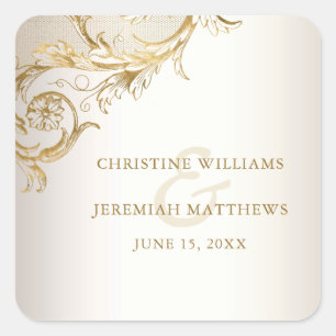 Elegant Gold Floral Damask Shiny Champagne Wedding Square Sticker