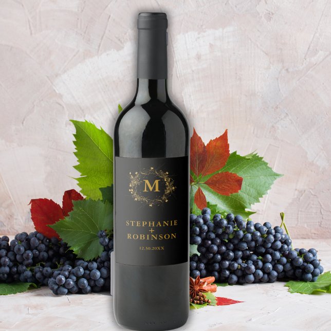 Elegant Gold Floral Deco Wreath Monogram  Wine Label (Creator Uploaded)