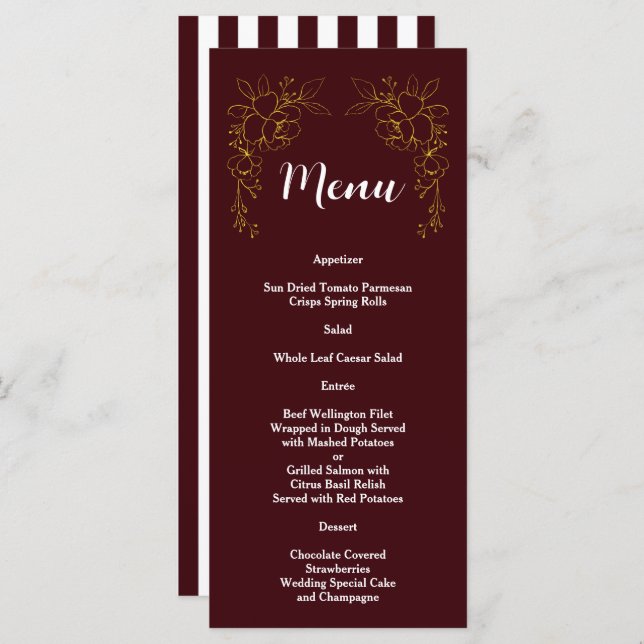 Elegant Gold Floral Deep Burgundy Stripes Wedding  Menu (Front/Back)