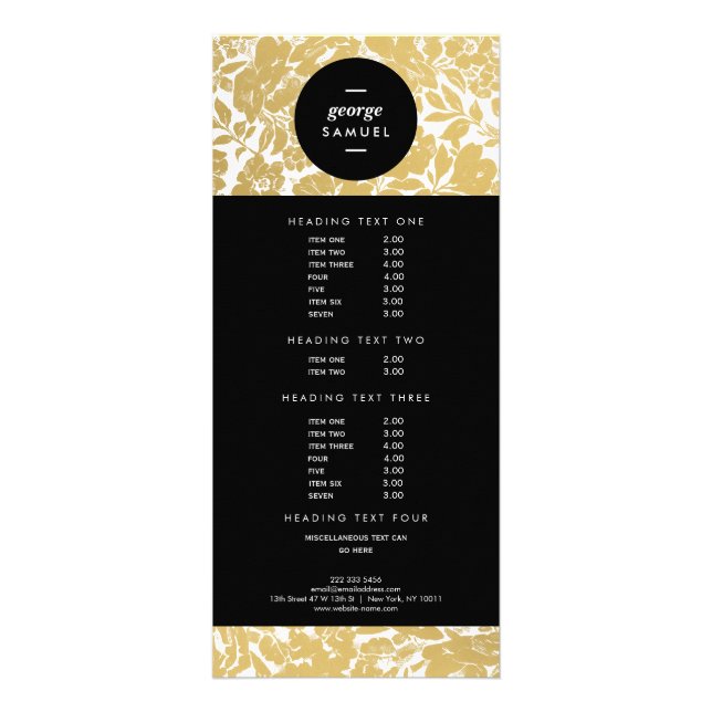Elegant Gold Floral Design With Bold Black Rack Card (Front)