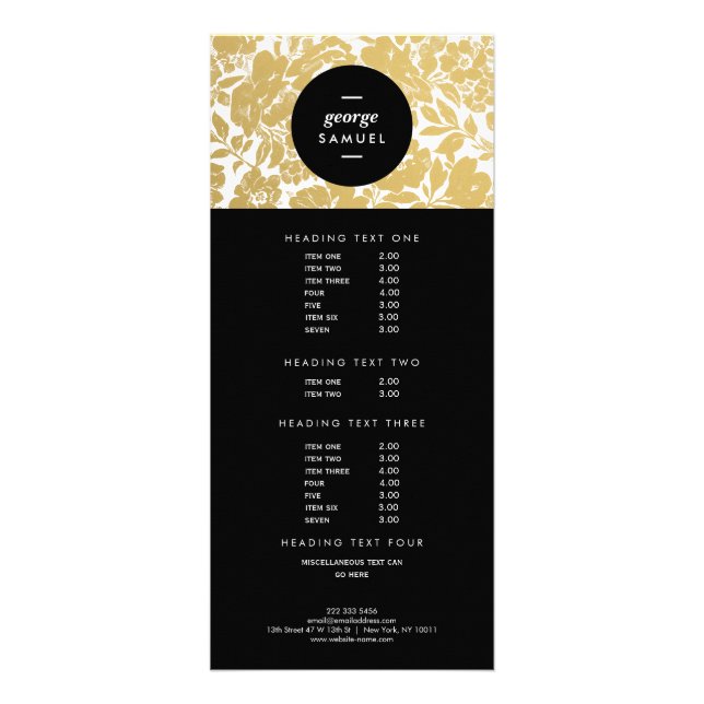 Elegant Gold Floral Design With Bold Black Rack Card (Front)