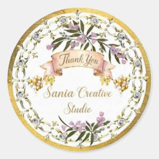 Elegant Gold Floral & Diamond "Thank You" Round S Classic Round Sticker
