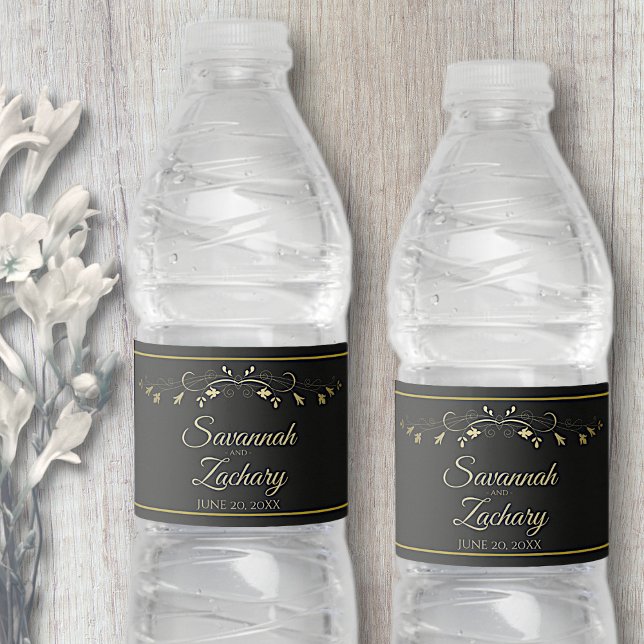 Elegant Gold Floral Flourish Black Wedding Water Bottle Label (Creator Uploaded)