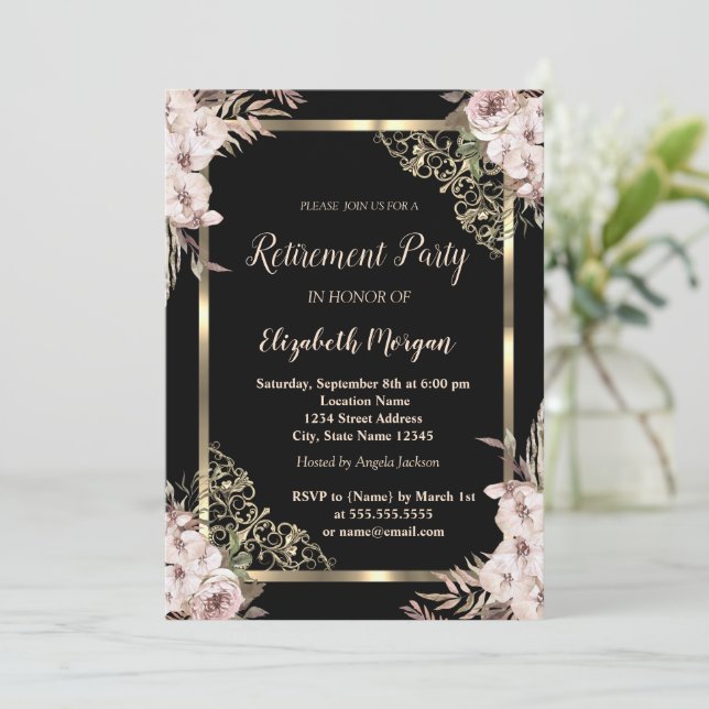 Elegant Gold Floral Frame Boho Flowers Retirement Invitation (Standing Front)