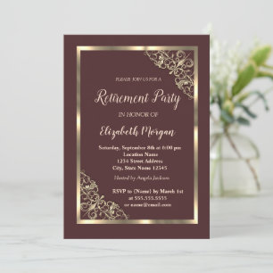 Elegant Gold Floral Frame Brown Retirement Invitation