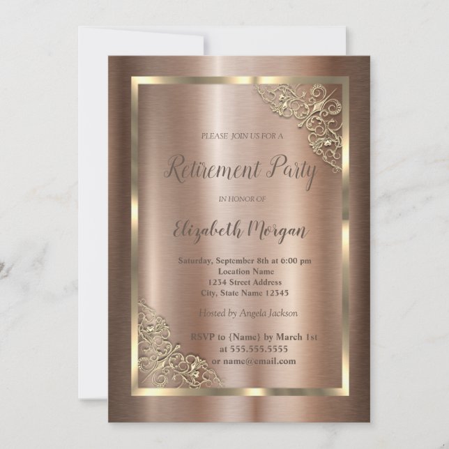 Elegant Gold Floral Frame Brown Retirement  Invitation (Front)