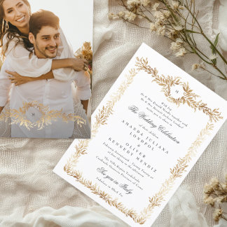 elegant gold floral frame monogram photo wedding invitation