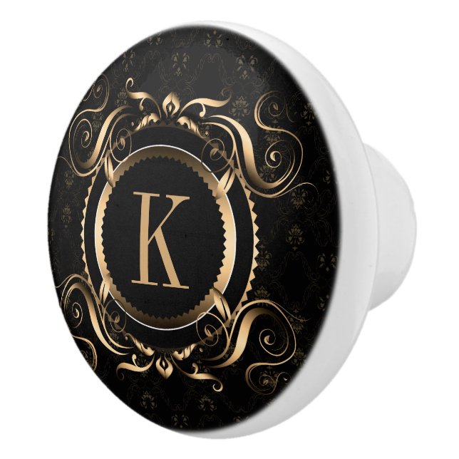 Elegant Gold Floral Frame Monogrammed Ceramic Knob (Right)