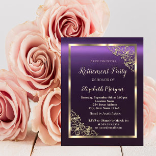 Elegant Gold Floral Frame Purple Retirement  Invitation