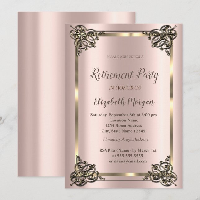 Elegant Gold Floral Frame,Rose Gold Retirement Inv Invitation (Front/Back)