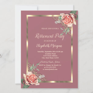 Elegant Gold Floral Frame Roses Retirement Invitation