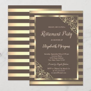 Elegant Gold Floral Frame Striped Brown Retirement Invitation