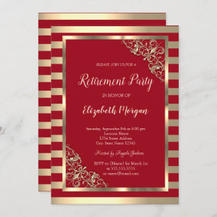 Elegant Gold Floral Frame Striped Red Retirement Invitation