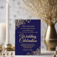 Elegant Gold Floral Frills Dark Navy Blue Wedding