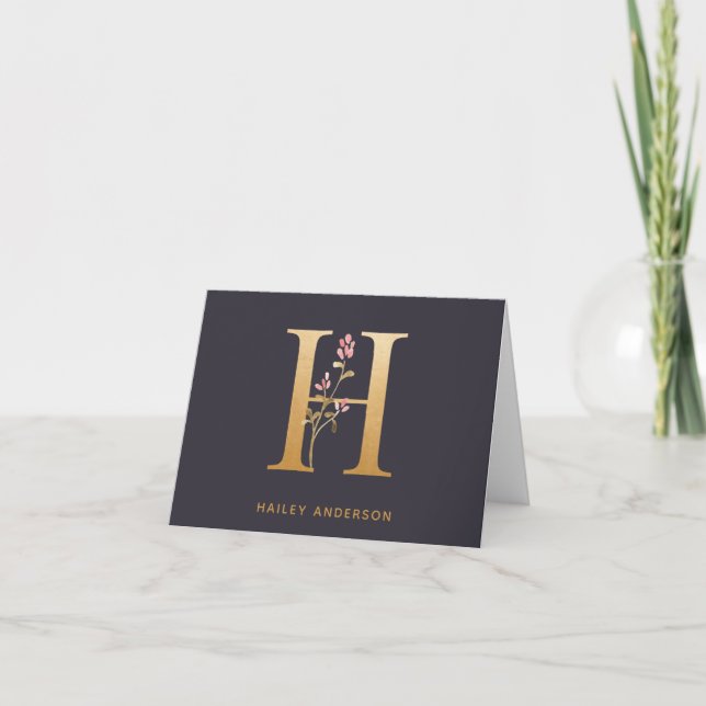 Elegant Gold Floral H Monogram Chic Personalised Note Card (Front)