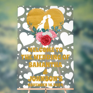 Elegant  Gold Floral Heart Wedding Welcome Frosted Acrylic Sign