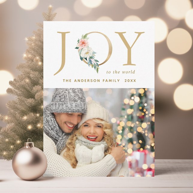 Elegant Gold Floral Joy Holiday Photo Card (Creator Uploaded)