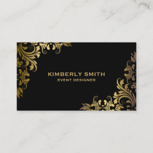 Elegant Gold Floral Lace Black Background Business Card