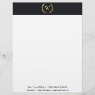 ELEGANT GOLD FLORAL LAUREL WREATH INITIAL MONOGRAM CUSTOM LETTERHEAD