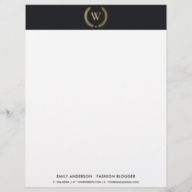 ELEGANT GOLD FLORAL LAUREL WREATH INITIAL MONOGRAM CUSTOM LETTERHEAD (Front)