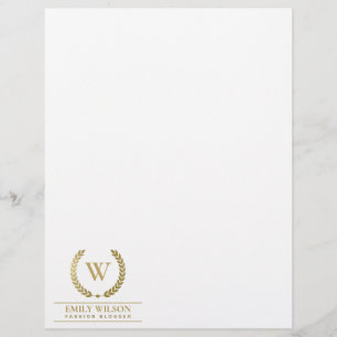 ELEGANT GOLD FLORAL LAUREL WREATH INITIAL MONOGRAM CUSTOM LETTERHEAD