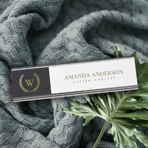 ELEGANT GOLD FLORAL LAUREL WREATH INITIAL MONOGRAM DESK NAME PLATE