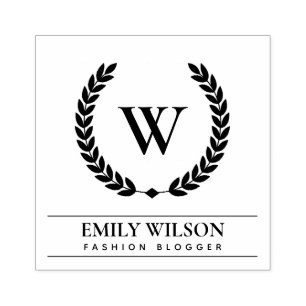 ELEGANT GOLD FLORAL LAUREL WREATH INITIAL MONOGRAM RUBBER STAMP