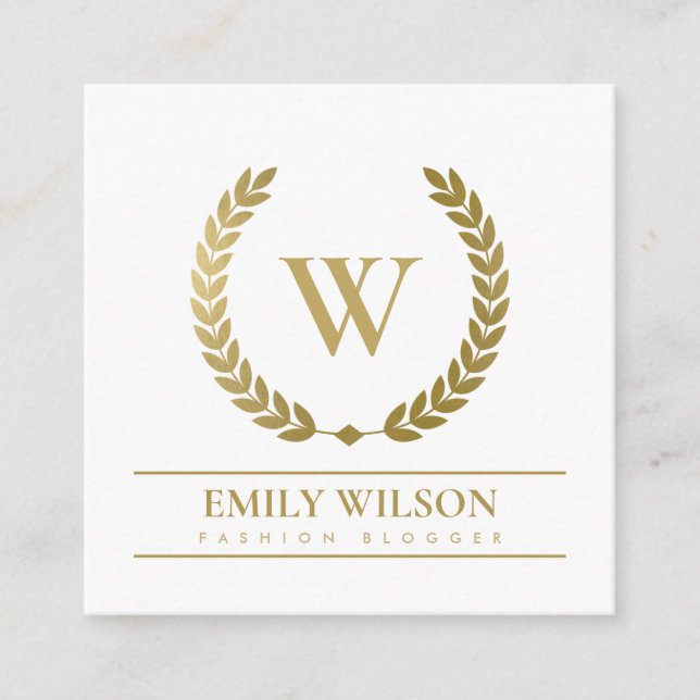 ELEGANT GOLD FLORAL LAUREL WREATH INITIAL MONOGRAM SQUARE BUSINESS CARD (Front)