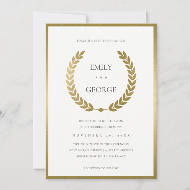 ELEGANT GOLD FLORAL LAUREL WREATH WEDDING INVITE (Front)