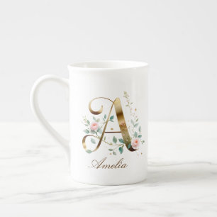 Elegant Gold Floral Letter A Bone China Mug
