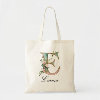 Elegant Gold Floral Letter E Monogram Tote Bag