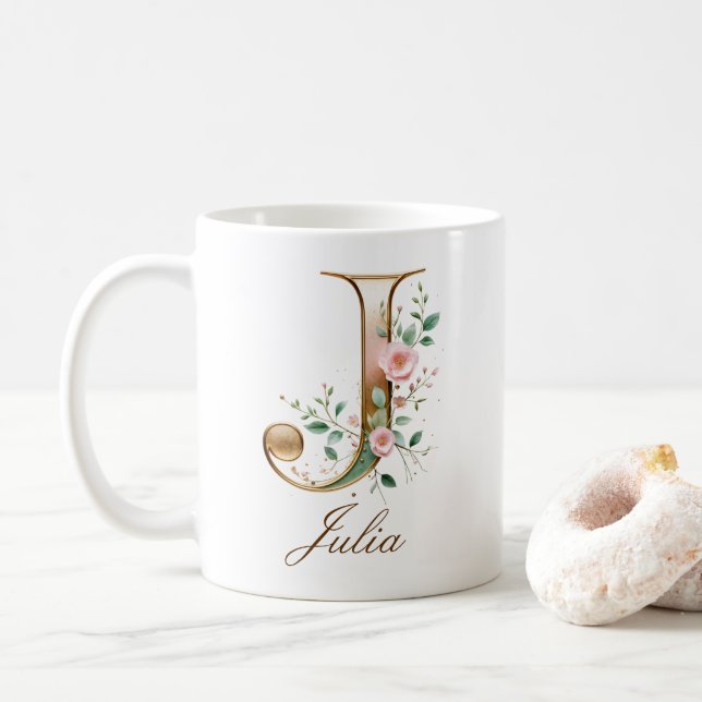Elegant Gold Floral Letter J Monogram Mug (With Donut)