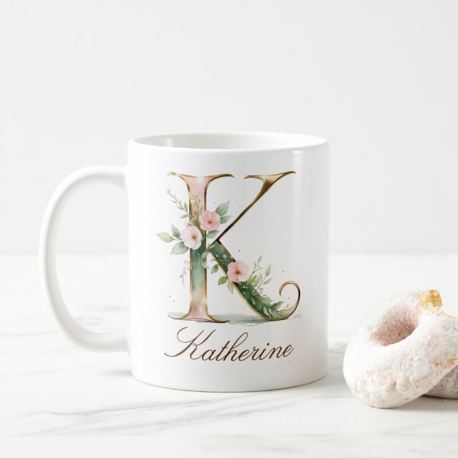 Elegant Gold Floral Letter K Monogram Mug (With Donut)