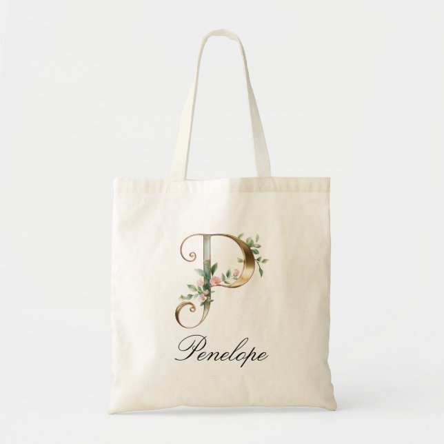 Elegant Gold Floral Letter P Monogram Tote Bag (Front)