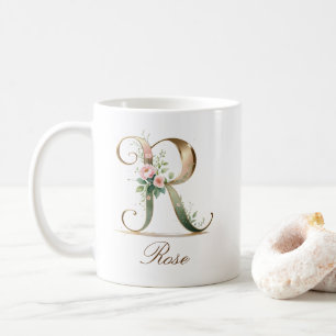 Elegant Gold Floral Letter R Monogram Mug