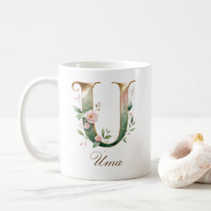 Elegant Gold Floral Letter U Monogram Mug