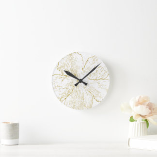 Elegant Gold Floral Line Art Minimalist Round Clock