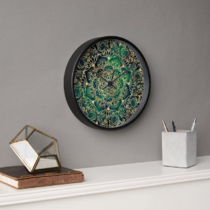 Elegant Gold Floral Mandala Green Blue Design Clock