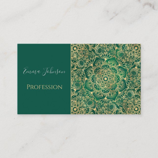 Elegant Gold Floral Mandala Green Design Business Card (Front)