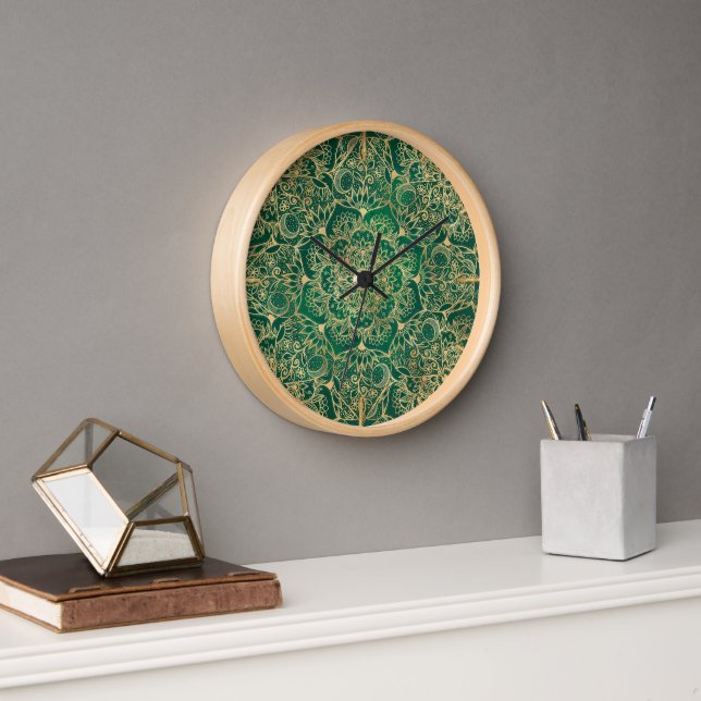 Elegant Gold Floral Mandala Green Design Clock (Office)