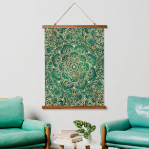 Elegant Gold Floral Mandala Green Design Hanging Tapestry