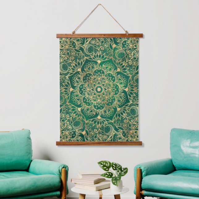Elegant Gold Floral Mandala Green Design Hanging Tapestry (Living Room)
