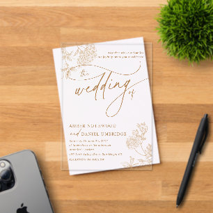 Elegant Gold Floral Modern Script Wedding Acrylic Invitations