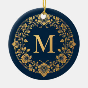 Elegant Gold Floral Monogram Design Ceramic Ornament