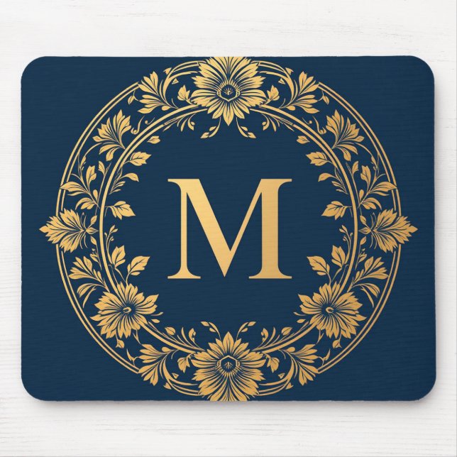 Elegant Gold Floral Monogram Design Mouse Pad (Front)