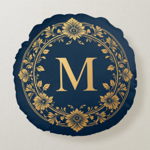 Elegant Gold Floral Monogram Design Round Cushion